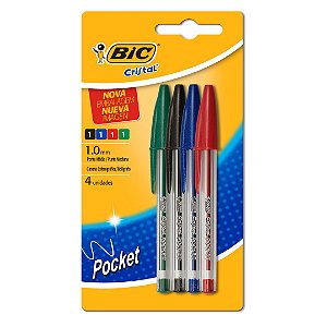 CANETA ESFEROGRÁFICA CRISTAL POCKET 1.0MM CARTELA C/4 UNIDADES - BIC