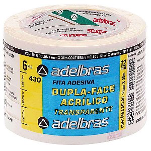 FITA DUPLA FACE TRANSPARENTE ADESIVO ACRÍLICO 12MMX30M C/6 UNIDADES - ADELBRAS