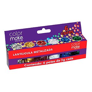 LANTEJOULA METALIZADA 6MM SORTIDA C/6 POTES DE 3G - COLORMAKE