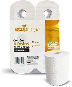 PAPEL TOALHA BOBINA AUTOCORTE FOLHA SIMPLES 20CMX200M C/6 UNIDADES - ECOPRIME