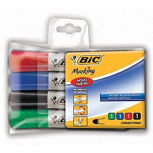 MARCADOR DE QUADRO BRANCO RECARREGÁVEL C/4 CORES - BIC