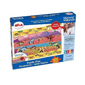 Quebra-Cabeça Puzzle Play 100 Peças Lente Mágica Dinossauros Manual do Mundo 1198 Elka