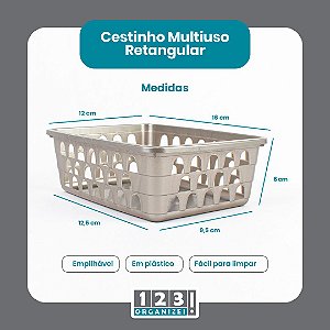 Cesto Multiuso Organizador Pequeno 16x12x6Cm  Cinza 123Organizei