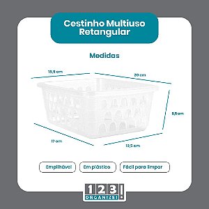 Cesto Multiuso Organizador Médio  20x15,5x6,5Cm Transparente 123Organizei