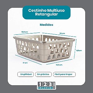 Cesto Multiuso Organizador Médio  20x15,5x6,5Cm Cinza 123Organizei