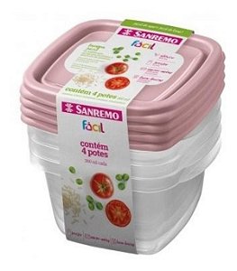 Conjunto 4 Potes Para Alimentos Quadrado 360 ML Transparente Sanremo