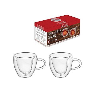 Caneca Parede Dupla Formato Coração 80ML 2 Peças Em Vidro