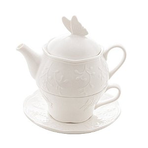 Conjunto 3 Peças Para Servir Chá de Porcelana Luxo Branco