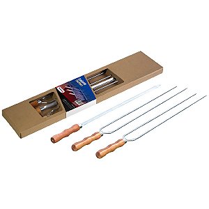 Kit 3 Espetos 85cm Lâmina Inox Com Cabo Madeira Churrasco