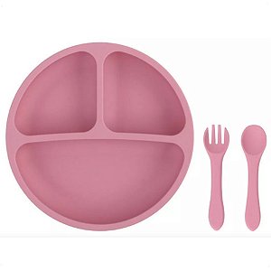 Jgo P/ Refeição Infantil Silicone Rosa Garfo, Prato e Colher