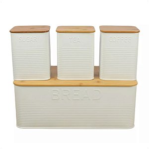 Conjunto Porta Pão E 3 Potes Multiuso De Metal e Tampa Bambu