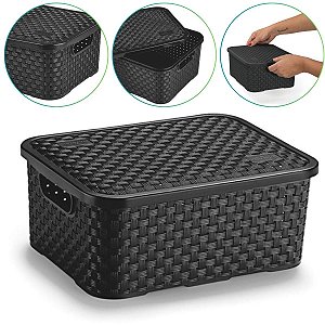 Cesto Caixa Organizadora Rattan 4 Litros Cor Preto Com Tampa
