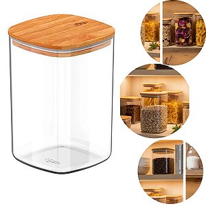 Pote Hermético Quadrado 1l Natural Com Tampa De Bambu Ou