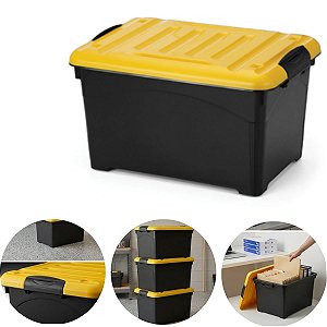 Caixa Organizadora Empilhável Tampa C/ Trava Amarela 95 Lts