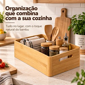 Caixa Organizadora Bambu Natural Com Alça 33x22x12 Multiuso