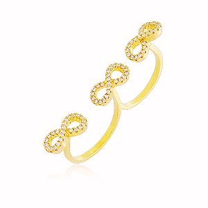 Anel Dois Dedos Infinito Gravejado Micro-Zircônia Banho Ouro Quebec 18k