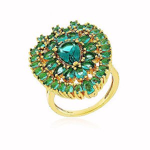 Anel Flor Cravejado Ônix Verde Banho Ouro Quebec 18k