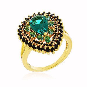 Anel Flor Cravejado Ônix Verde e Preto Banho Ouro Quebec 18k