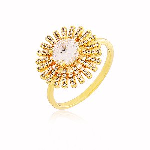 Anel Flor Zircônia Central Banho Ouro Quebec 18k
