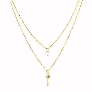 Colar 2 em 1 Veneziana com Pingente Cristal Banho Ouro 18k Fecho Boia