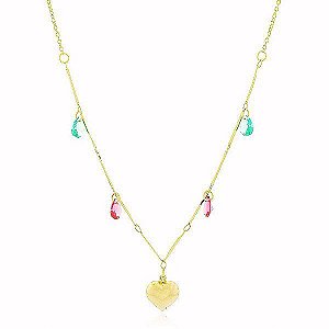 Colar Entrelaçado Pingente Coração Ônix Banho Ouro 18k Fecho Boia