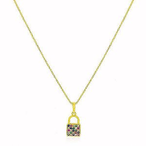 Colar Veneziana com Pingente Ônix Banho Ouro 18k Fecho Boia