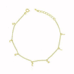 Pulseira Americana Lua Estrela Banho Ouro 18k Fecho Boia