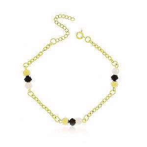 Pulseira Americana Ônix Preto Banho Ouro 18k Fecho Boia
