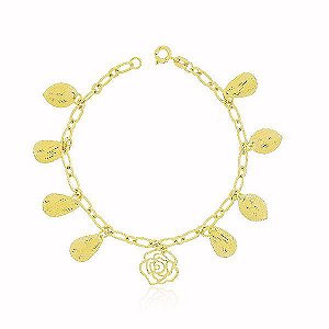 Pulseira Fígaro com Folhas Banho Ouro 18k Fecho Boia