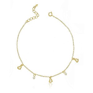 Tornozeleira Coração Pérola Banho Ouro Quebec 18k Fecho Boia