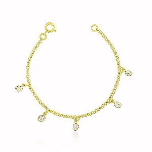 Pulseira Infantil Elo Português Cristal Banho Ouro 18k Fecho Boia