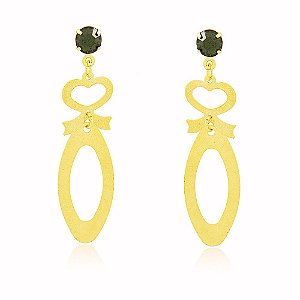 Brinco Oval Coração Ônix Preto Banho Ouro Quebec 18k