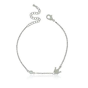 Tornozeleira Americana Pedra Cristal Banho Ródio Negro Fecho Inglês