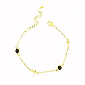 Tornozeleira Cruz Ônix Preto Banho Ouro Quebec 18k Fecho Lagosta