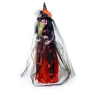 Bruxa com Vassoura Laranja e Preto - Halloween