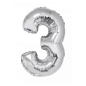 Balão Metalizado Prata 34P Número 3 - Silver