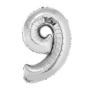 Balão Metalizado 34P Prata Número 9 - Silver