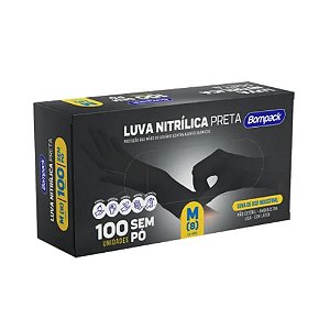Luva Nitrílica Preta M 100un - Bompak