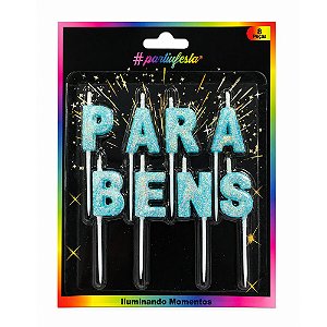 Vela Parabéns Glitter Azul Candy - Partiu Festa