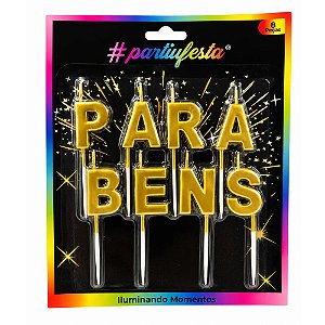 Vela Parabéns Metalizada Dourada 3cm 8un - Partiu Festa