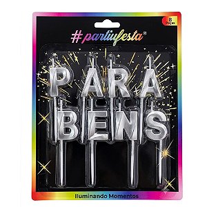 Vela Parabéns Metalizada Prata 3cm 8un - Partiu Festa