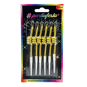 Vela Espiral Metalizada Dourado 6un - Partiu Festa