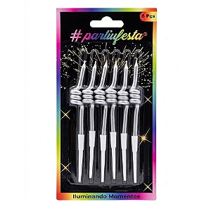 Vela Espiral Metalizada Prata 6un - Partiu Festa