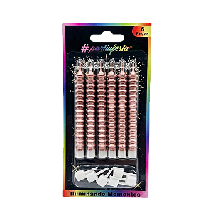 Vela Palito Espiral Metalizada Rose 9cm 6un - Partiu Festa