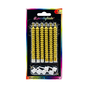 Vela Palito Design Metalizada Dourada 9cm 6un - Partiu Festa
