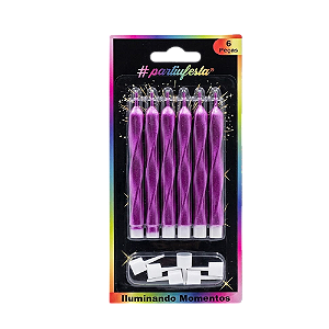 Vela Palito Espiral Metalizada Rosa 9cm 6un - Partiu Festa