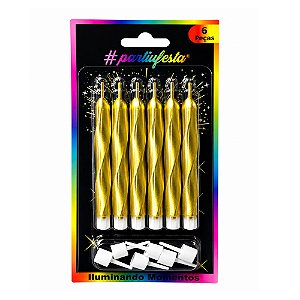 Vela Palito Espiral Metalizada Dourada 9cm 6un - Partiu Festa