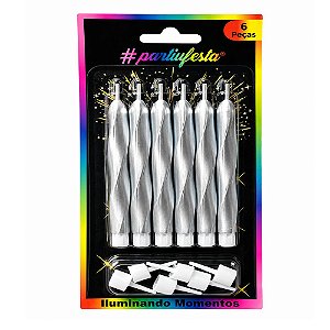 Vela Palito Espiral Metalizada Prata 9cm 6un - Partiu Festa