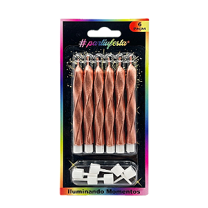 Vela Palito Espiral Metalizada Rose 9cm 6un - Partiu Festa