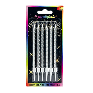 Vela Lápis Metalizada Prata 12,5cm 6un - Partiu Festa